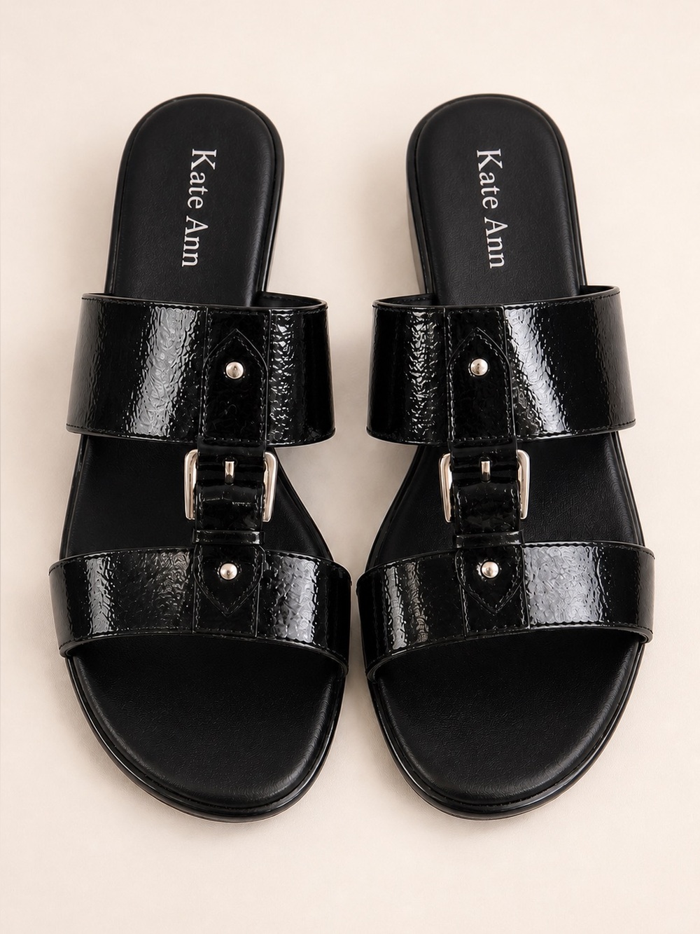 Kate Ann Black Patent Wedge Slide Sandals Silver Accent Size 6.5M